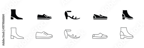 Shoes Outline Icon Set Fashion Footwear Collection Sneakers High Heel Boots Sandals Minimal Vector Icons