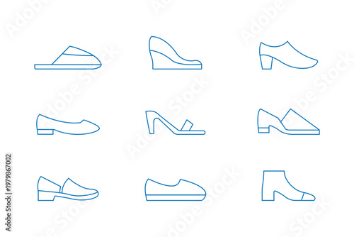 Shoes Outline Icon Set Fashion Footwear Collection Sneakers High Heel Boots Sandals Minimal Vector Icons