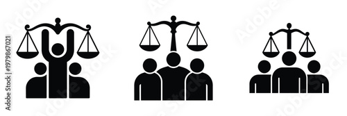 Justice and Equality Icon Set – Group of People with Balance Scales Symbolizing Fairness, Diversity, Law, and Human Rights – Black Silhouette Legal Concept Illustration