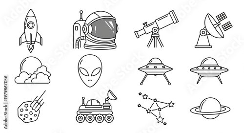 Space exploration icons set rocket astronaut telescope alien UFO rover constellation planet.