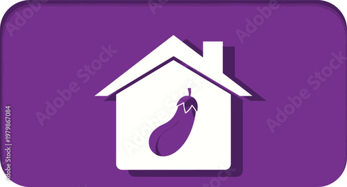 Eggplant home logo illustration. Creative house icon with aubergine symbol. Organic food delivery or kitchen concept in modern flat vector design.
