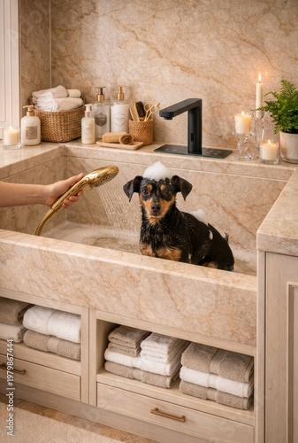 VIP SPA for a pet dog. A small dog takes a bath in a bright bathroom, a hand with a shower, foam, a clean interior with towels and accessories.