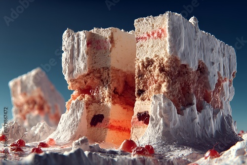Layers of colorful cake stand on a plain with cherry toppings under a clear blue sky in bright daylight