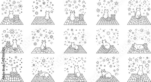 Minimalist black and white line art collection featuring a cat sitting on a rooftop gazing at the starry night sky