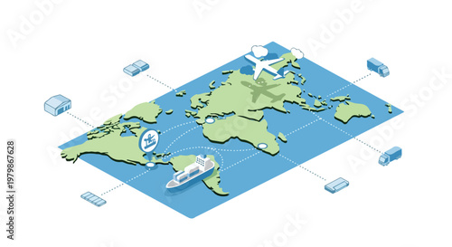 An isometric world map illustration depicting global logistics and shipping through various modes like air, sea, and land transportation.