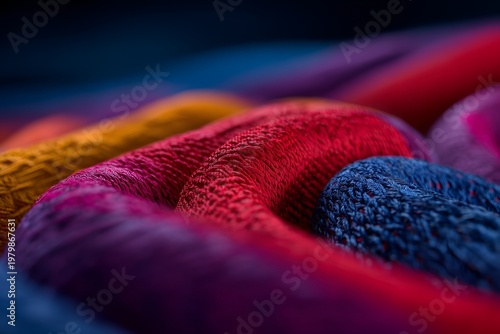 Colorful threads arranged in a spiral pattern on a dark background showing textures and folds