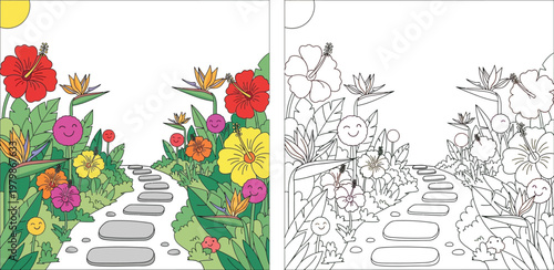 Tropical Garden Path with Hibiscus and Bird of Paradise Flowers Coloring Page and Color Illustration for Kids Activity Vector Illustration