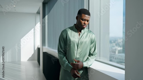Young Man in Stylish Green Robe Standing by Large Window Overlooking Cityscape