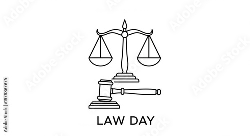 Law day symbol with scales and gavel on white background for legal concepts and justice themes