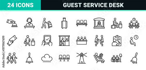 Hotel reception and guest service line icon set for business hospitality.