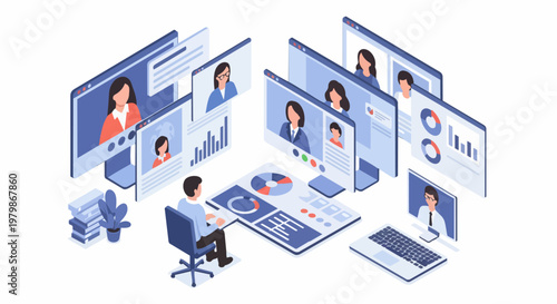 Isometric Illustration of Remote Team Video Conference and Business Data Analytics Dashboard for Virtual Collaboration