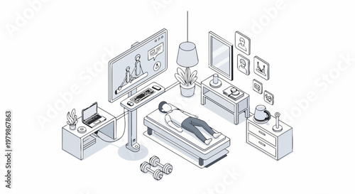 Isometric Illustration of Smart Home Gym for Fitness and Recovery with Data Analytics