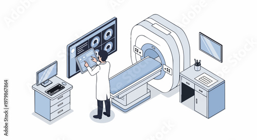 Isometric Medical Diagnostic Scene with Doctor Operating MRI Scanner and Advanced Digital Health Interface
