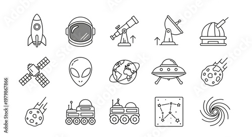 Space icons and symbols.