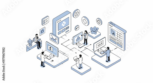Isometric Illustration of Digital Healthcare Ecosystem, Telemedicine Platform with Online Medical Consultation, Health Data Management and Doctors Connecting via Technology