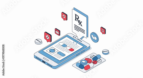 Online Pharmacy App Concept with Digital Rx Prescription, Medicine Pills and Medical Notifications in Isometric Illustration Style