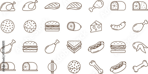Fast food and bakery icon set. Line art collection of burgers, hot dogs, bread, chicken and snacks. Minimal food vector for menu and restaurant design.
