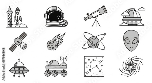 Space icons and symbols.