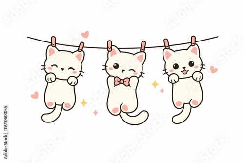 Cute kitten friends hanging out: A delightful illustration of three adorable kitten friends happily hanging on a clothesline with charming hearts and stars to bring joy and positivity.