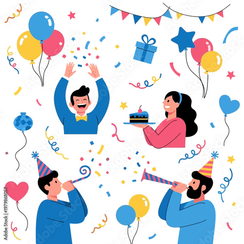 Happy Birthday Celebration Illustration: People, Cake, Balloons, Confetti & Gifts