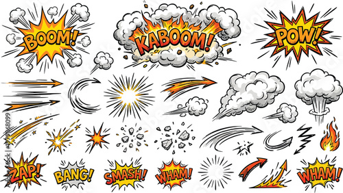 A collection of comic book style explosion and action words with cartoonish illustrations Ai, eps, jpg, transparent background, png