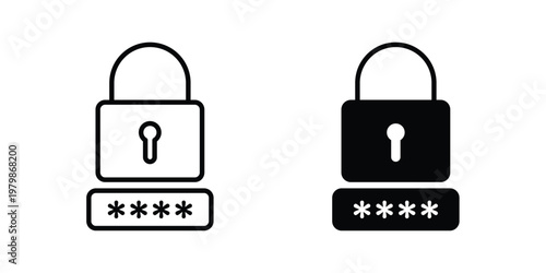 Code lock icon. Flat and outline icons. Black icons