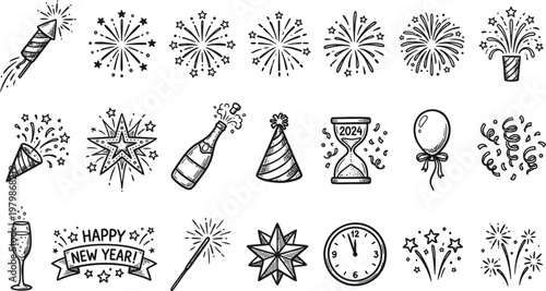 A collection of black and white line drawings celebrating the new year with fireworks, champagne, and party hats. Ai, eps, jpg, transparent background, png