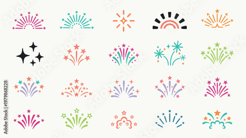 Minimalist firework icons set, colorful burst and sparkle vector elements, 20 celebratory star and sunburst symbols for festive design vector illustration