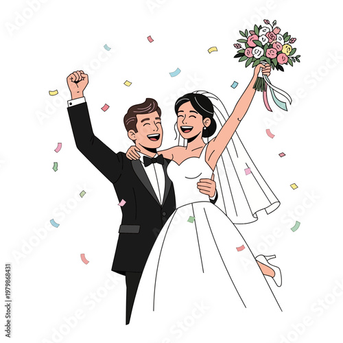 Happy Bride and Groom Celebrating Wedding Day with Confetti and Flowers