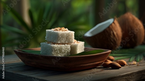 Coconut dessert sits on a wooden plate surrounded by nuts in a tropical setting during daylight