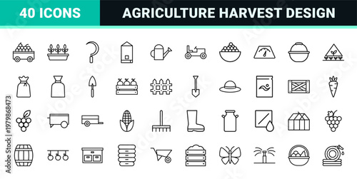 Agriculture and organic farming minimalist line icons set