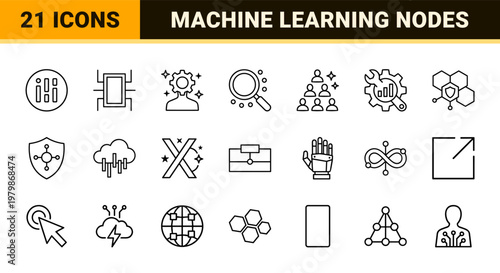 AI and machine learning outline icons for data science and automation.