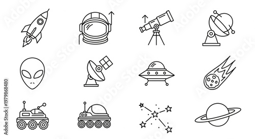 Space Icons Collection Rocket Astronaut Telescope Alien UFO.
