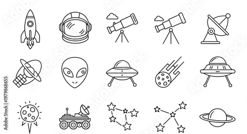 Space icons with astronomy symbols.