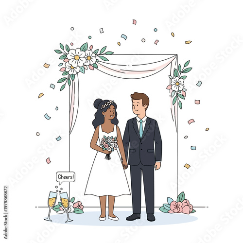 Happy Couple Wedding Ceremony Under Floral Arch with Confetti