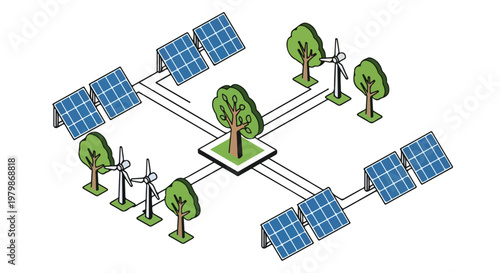An isometric vector illustration showcasing a sustainable power grid with solar panels and wind turbines connected to central greenery for ecology.