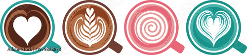 Latte art coffee cups set. Heart and swirl foam designs in colorful mugs. Flat vector illustration for cafe, barista and beverage concepts.