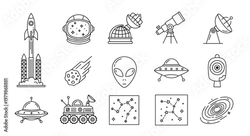Space icons with rockets and planets.