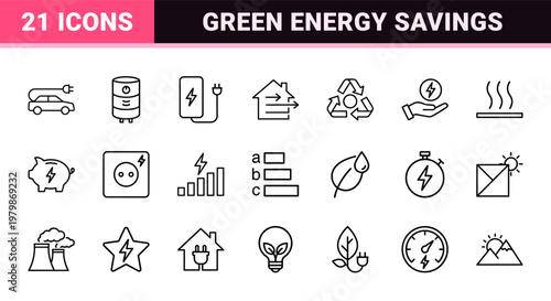 Sustainable energy and green power efficiency icon set in minimalist outline style.