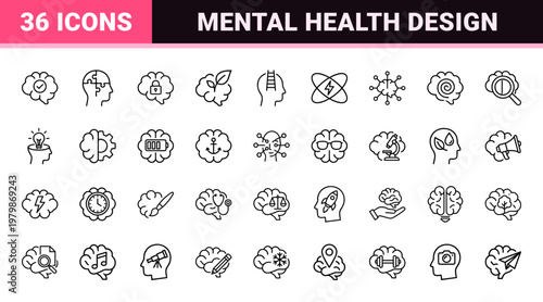 Brain and mental health minimalist outline icon set for neurology and psychology.