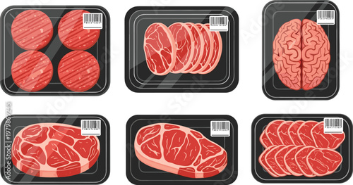 Raw meat cuts in plastic trays. Packaged beef steaks, sliced meat portions and organ illustration. Fresh butcher products isolated vector collection.