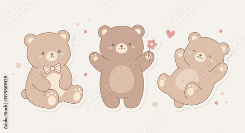 Teddy Bear Trio in Playful Pose: Three adorable teddy bears in cheerful poses exude warmth and innocence, set against a soft, dreamy backdrop.