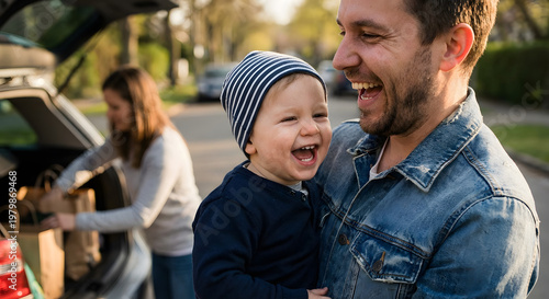 Joyful family unloading groceries from car after shopping, capturing a candid moment of laughter and connection