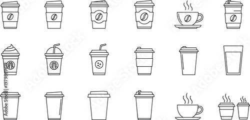 Takeaway coffee cup outline set illustration. Various disposable cups and lids in line style. Minimal collection for cafe menu, beverage icons, and branding design.