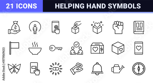 Charity and donation minimalist outline icon set for non profit organizations.