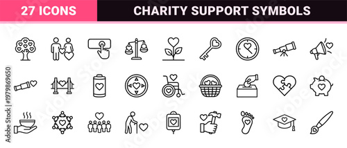 Charity and volunteer icon set in minimalist line art style