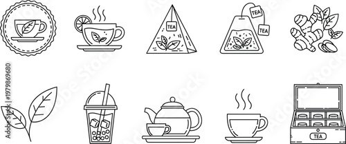 Tea icon outline set. Herbal ingredients, teabags, cups, kettle and leaves in line style. Minimal vector collection for cafe, organic and wellness themes.