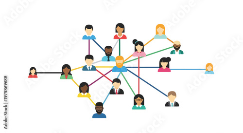 The image shows a network of diverse people icons connected by colored lines, symbolizing social or professional connections and networking.