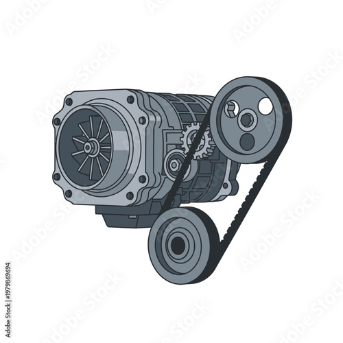 Supercharger engine component with belt and pulleys, automotive performance technology illustration
