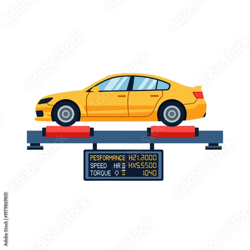 Yellow Car on Dynamometer, Performance Testing and Speed Measurement